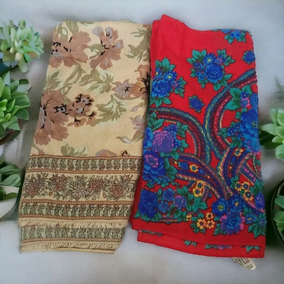 Vtg Lot of 2 CHALLIS Floral Scarf Red Tan Berkshire Japan Fringed - Picture 1 of 5